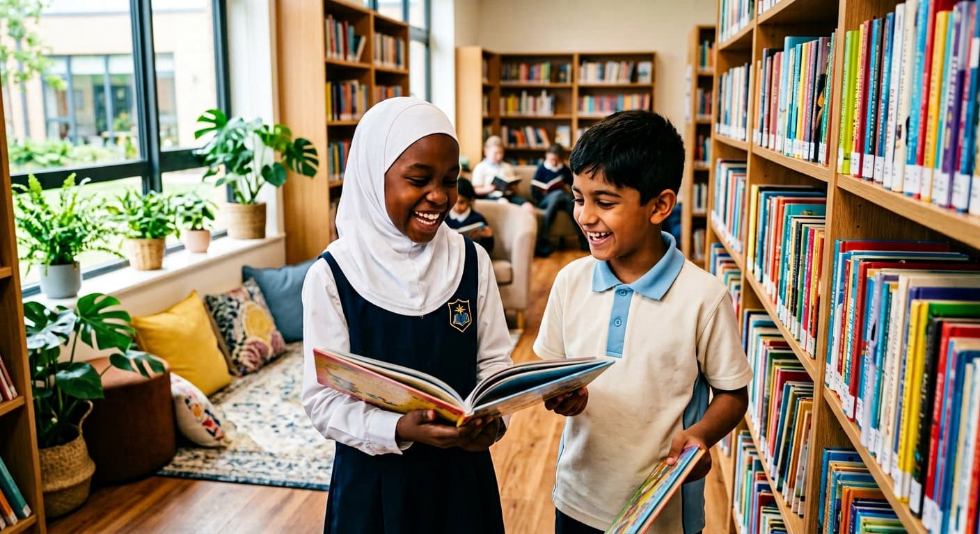 Two pupils choosing books from the new library shelves
