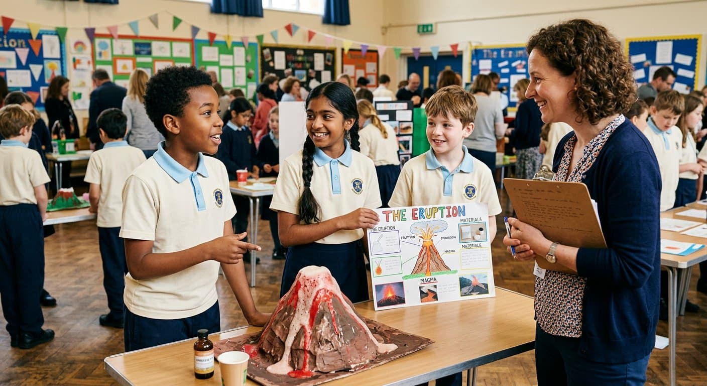 Pupils presenting a volcano model at the science fair